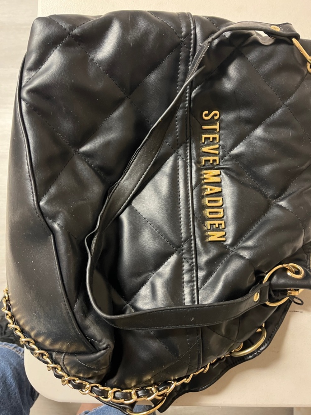 Steve Madden Black Quilted Shoulder Bag with Gold Accents